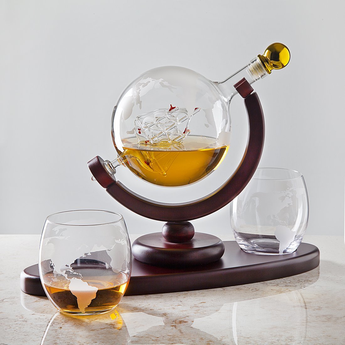 Godinger Whiskey Decanter Set with 2 Etched Globe Whisky Glasses, 850 mL - shop - lxry