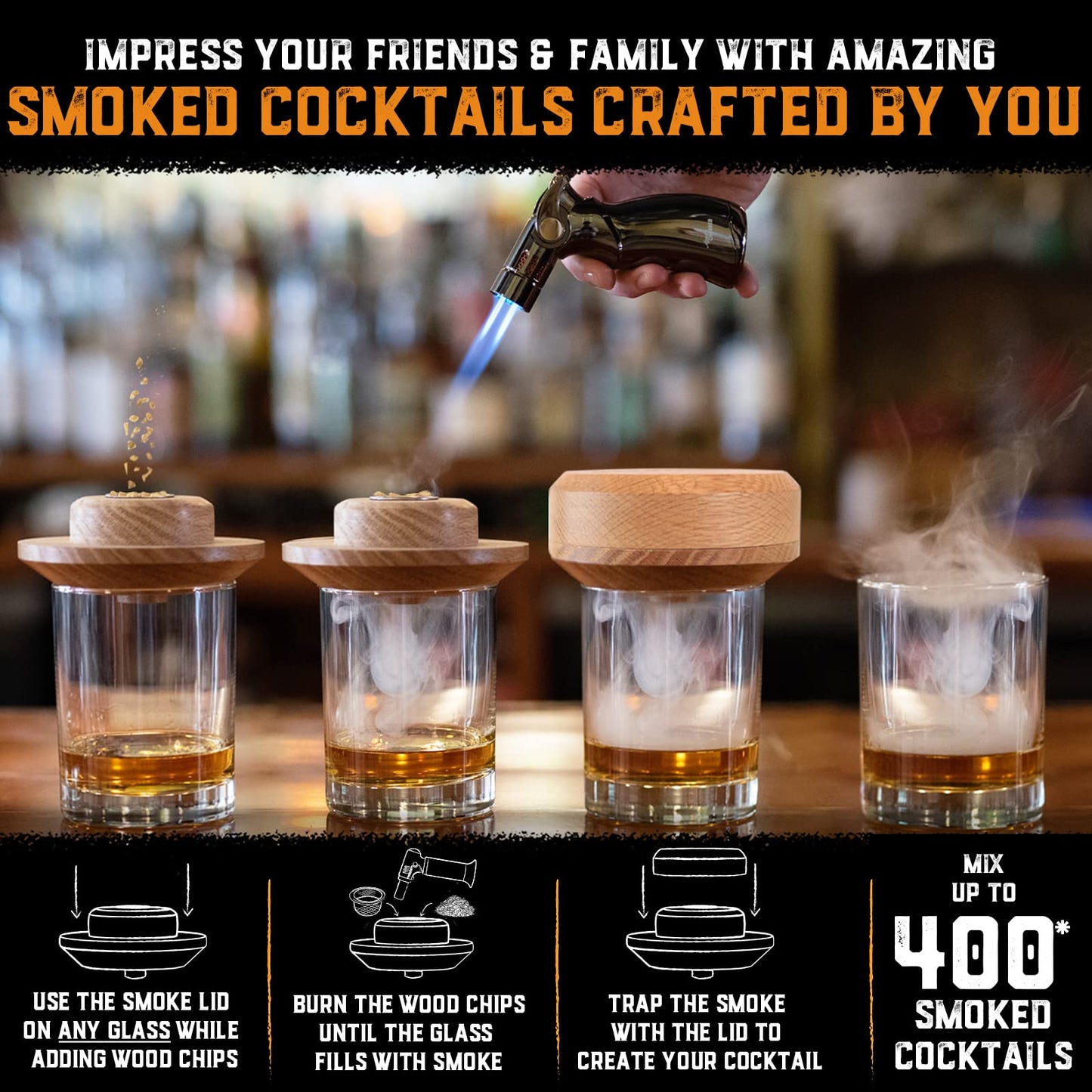 Cocktail Smoker Kit with Torch & Wood Chips for Whiskey & Bourbon (Premium Edition) - Whiskey Gifts for Men - Drink Smoker made of 100% Oak